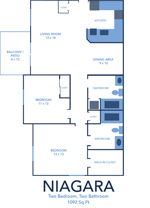 2 bed 2 bath A Niagara Floor Plan at CenterPointe Apartments and Townhomes in Canandaigua NY 14424